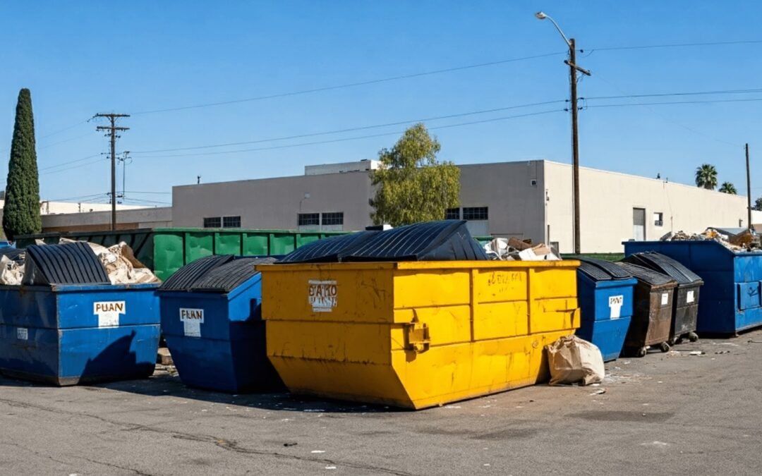 A parking lot filled with numerous trash containers, showcasing a cluttered and busy waste management area.