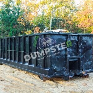 a large dumpster placed on a residential property in Bakersfield, CA